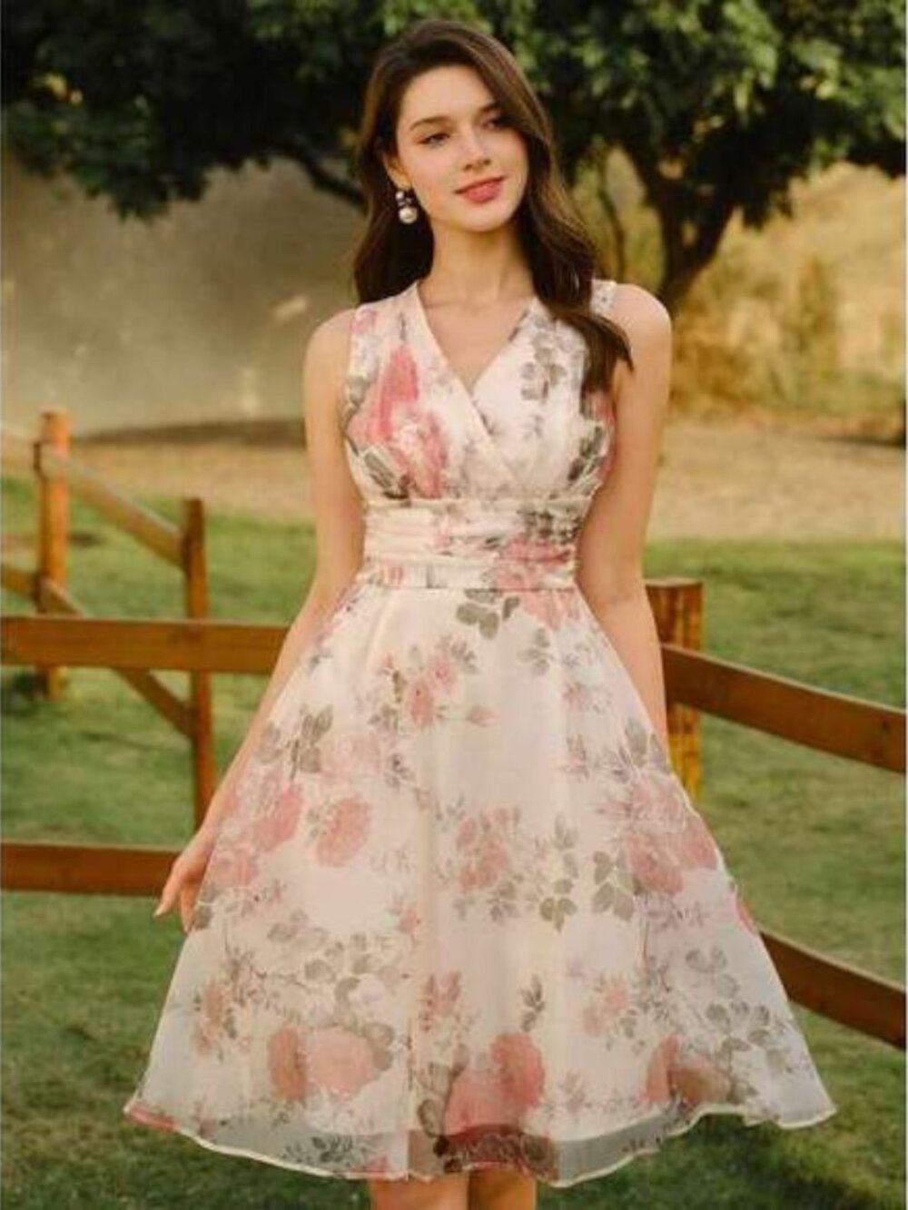 Vintamour Vintage Dress, / Fitted Floral V-Nec